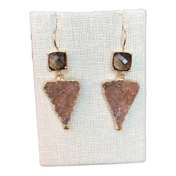 Smokey Quartz and Druzy gold plated wire back Earrings - Picture 4 of 11